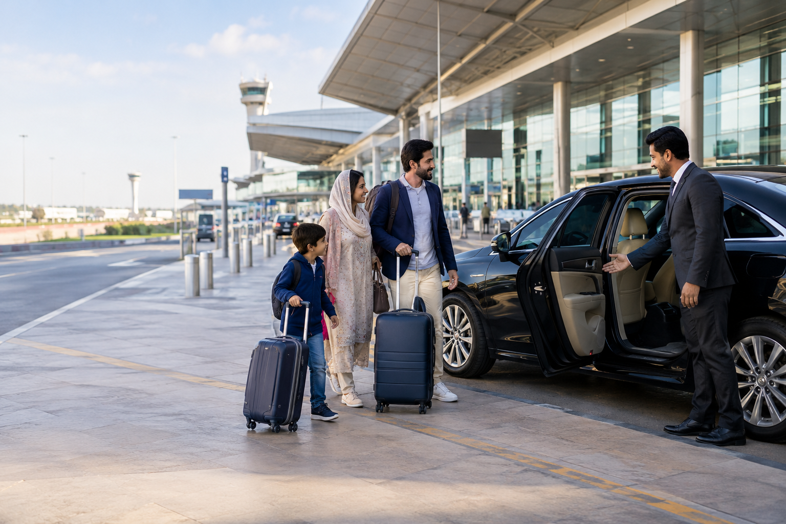 Family arriving at an airport and meeting a chauffeur beside a black rental sedan